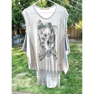 Babylon Collection Womens Taupe Skull Sequin Cotton/Silk Short Sleeve Shirt SZ M